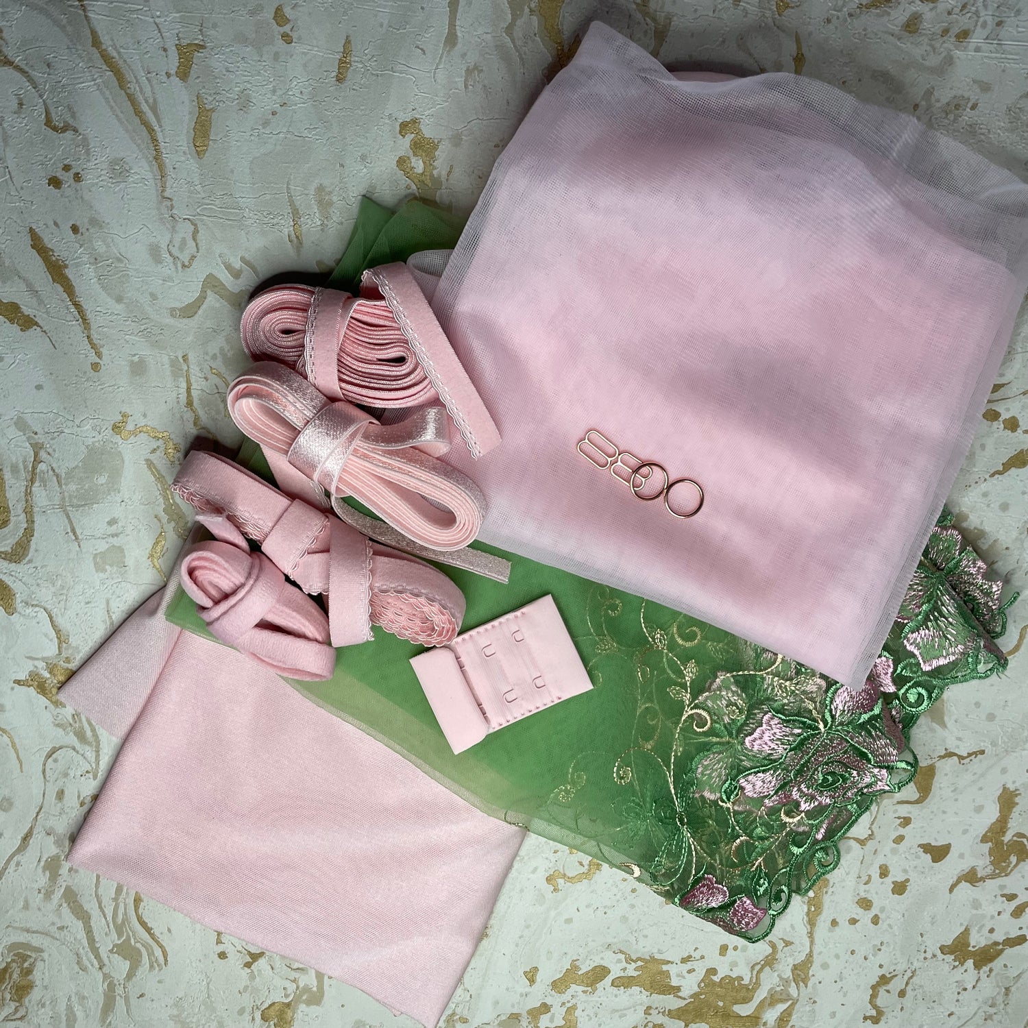 A flat lay showing a bra kit