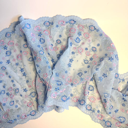 Light Blue Floral Embroidered Stretch Lace